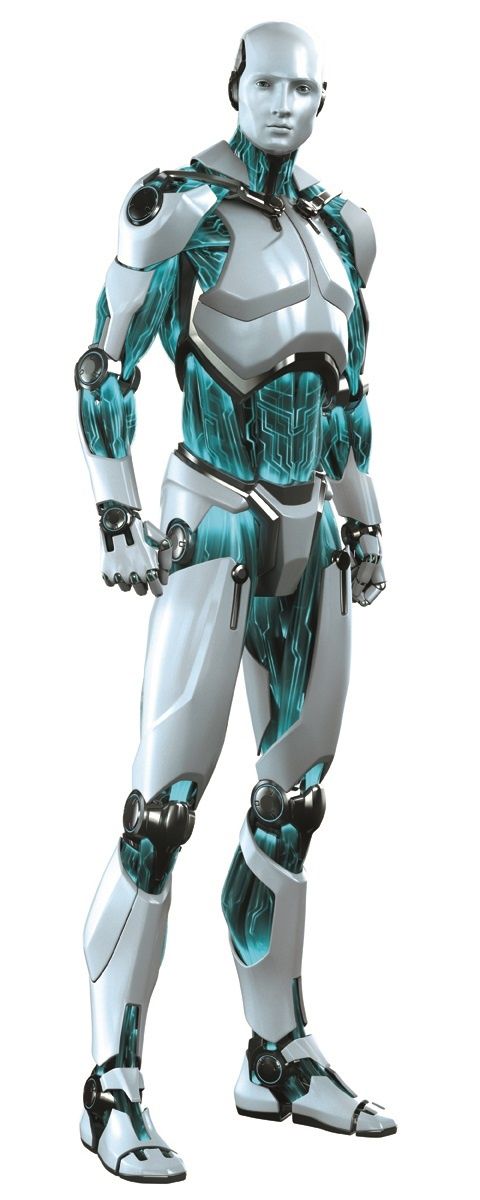 Humanoid robot with cyan circuitry